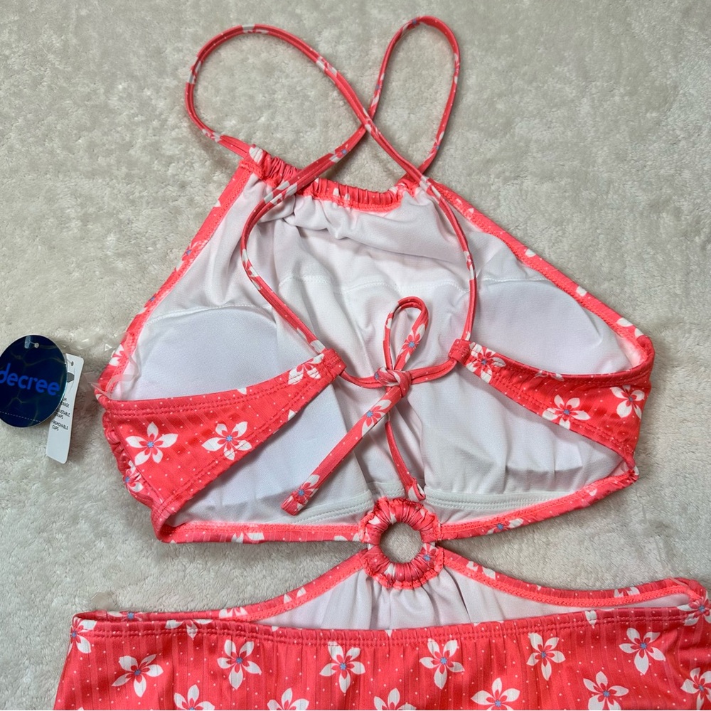 Decree Retro Boho Floral Coral Pink Cut Out Swimsuit Halter Neck Cheeky Beach - Picture 5 of 10
